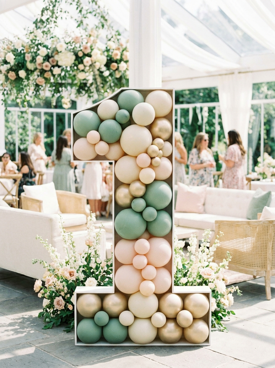 Balloon mosaic number filled with sage, cream, and gold balloons