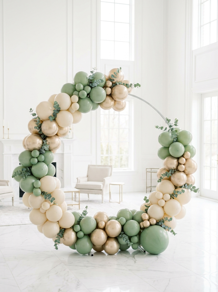 Circular balloon hoop backdrop in sage, cream, and gold