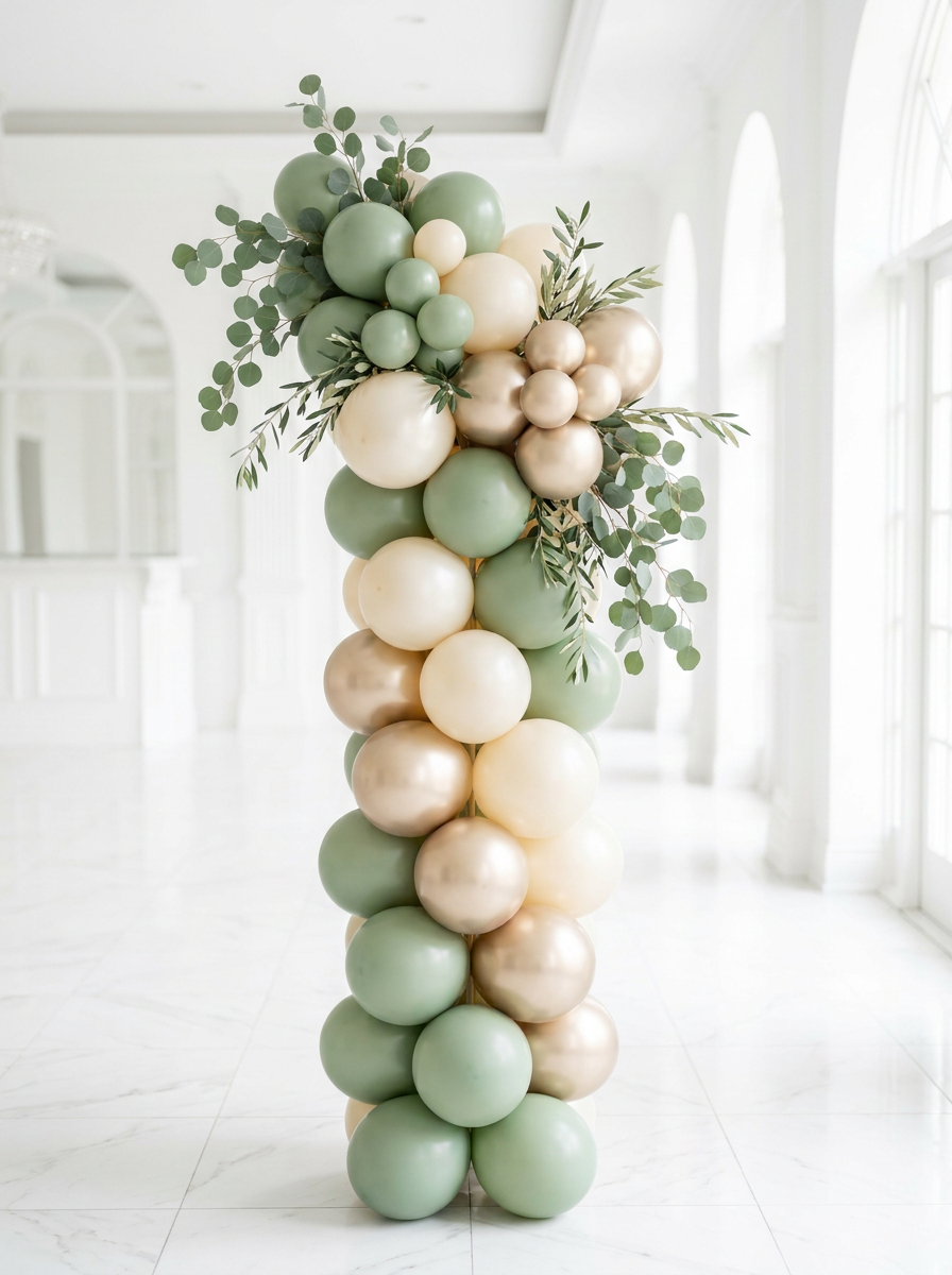 Stacked balloon column in sage, cream, and gold