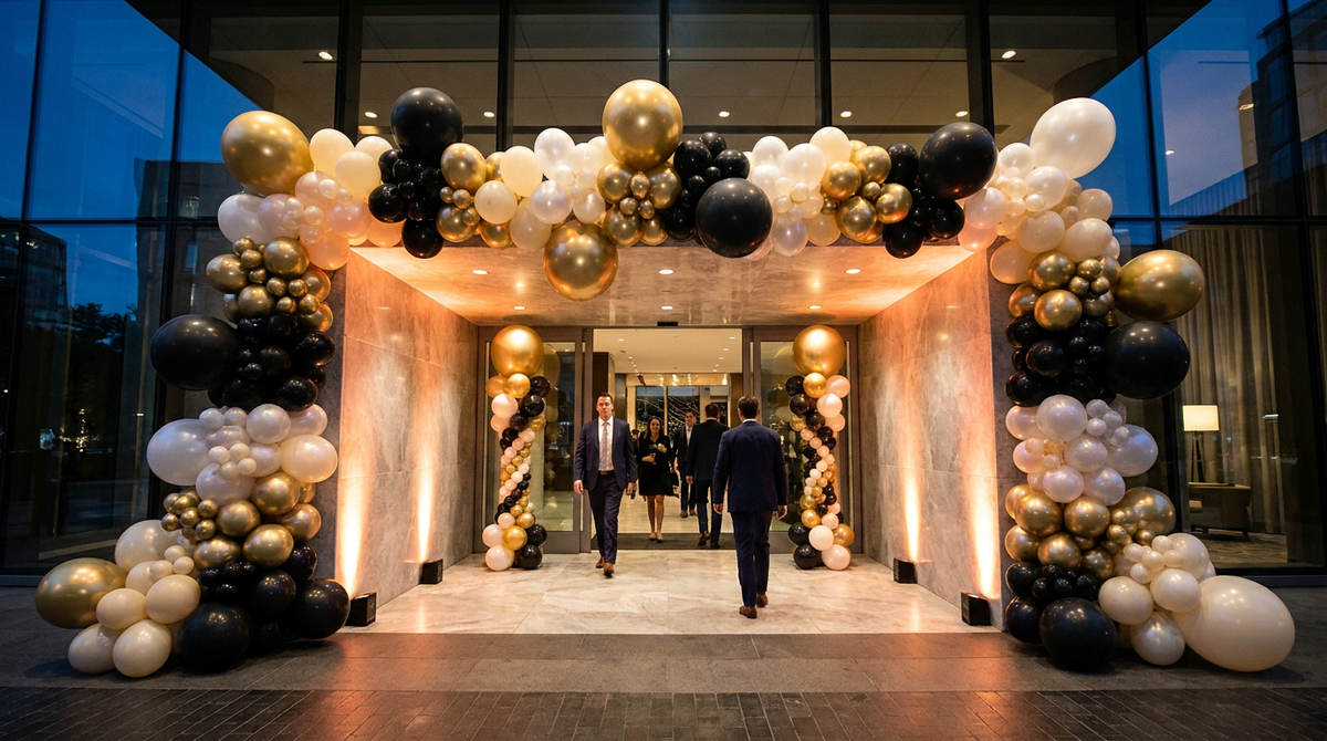 Bold corporate balloon installation with entrance arch and columns