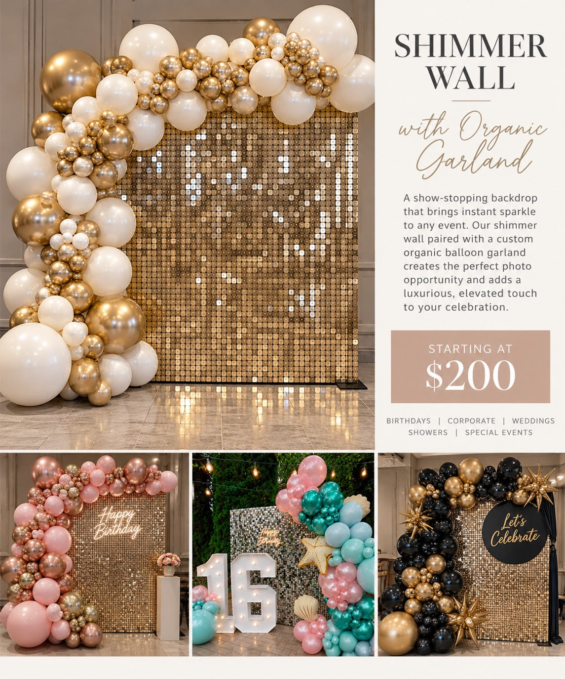 Shimmer wall with organic balloon garland, starting at $200