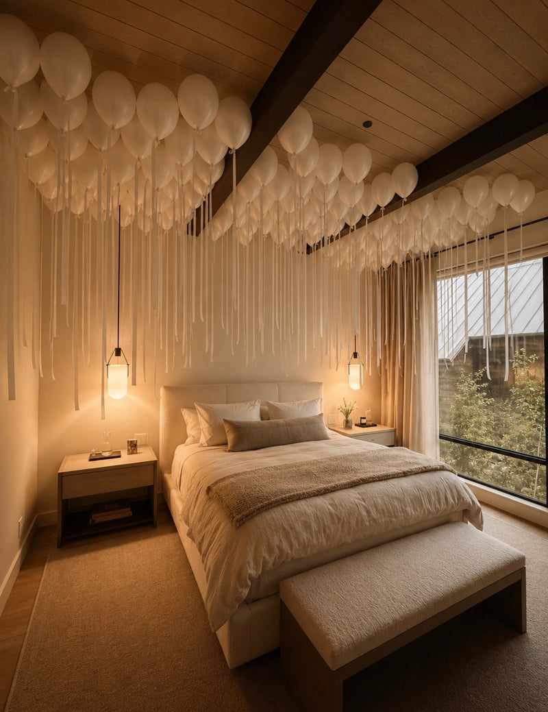 A room filled with helium balloons for a celebration