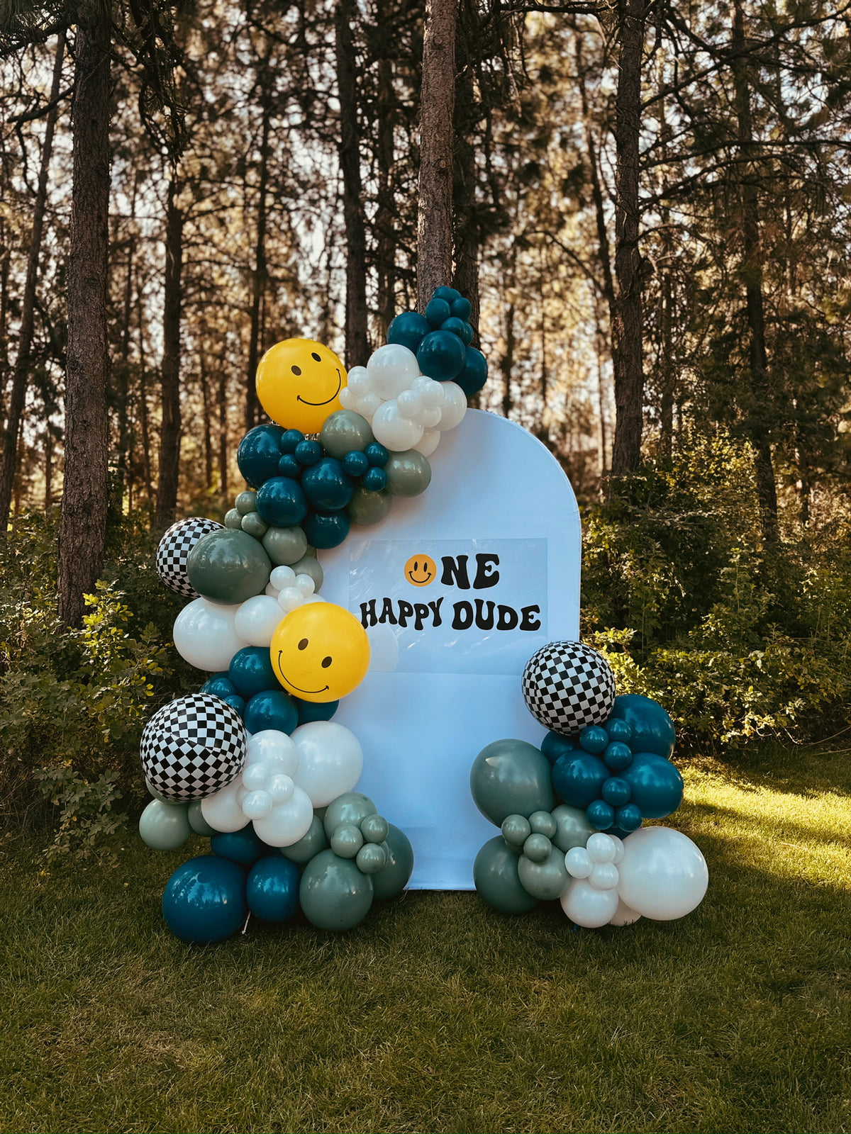 One Happy Dude arch panel with teal and checkered balloons outdoors