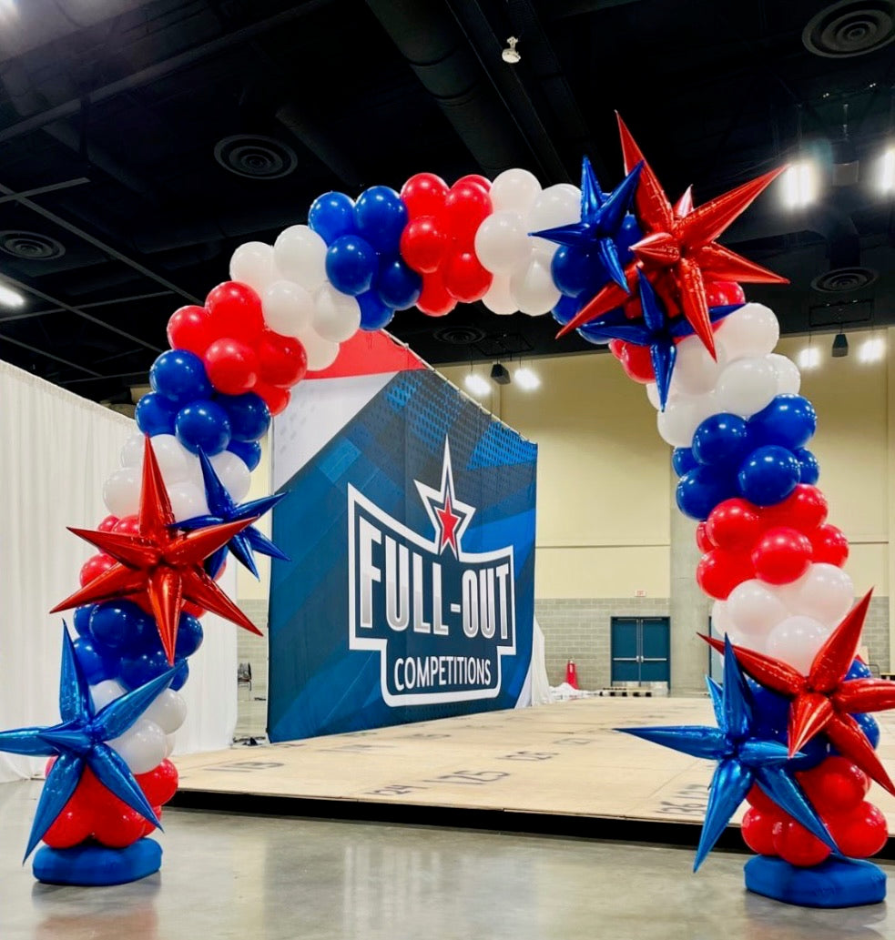 Traditional red, white and blue balloon arch