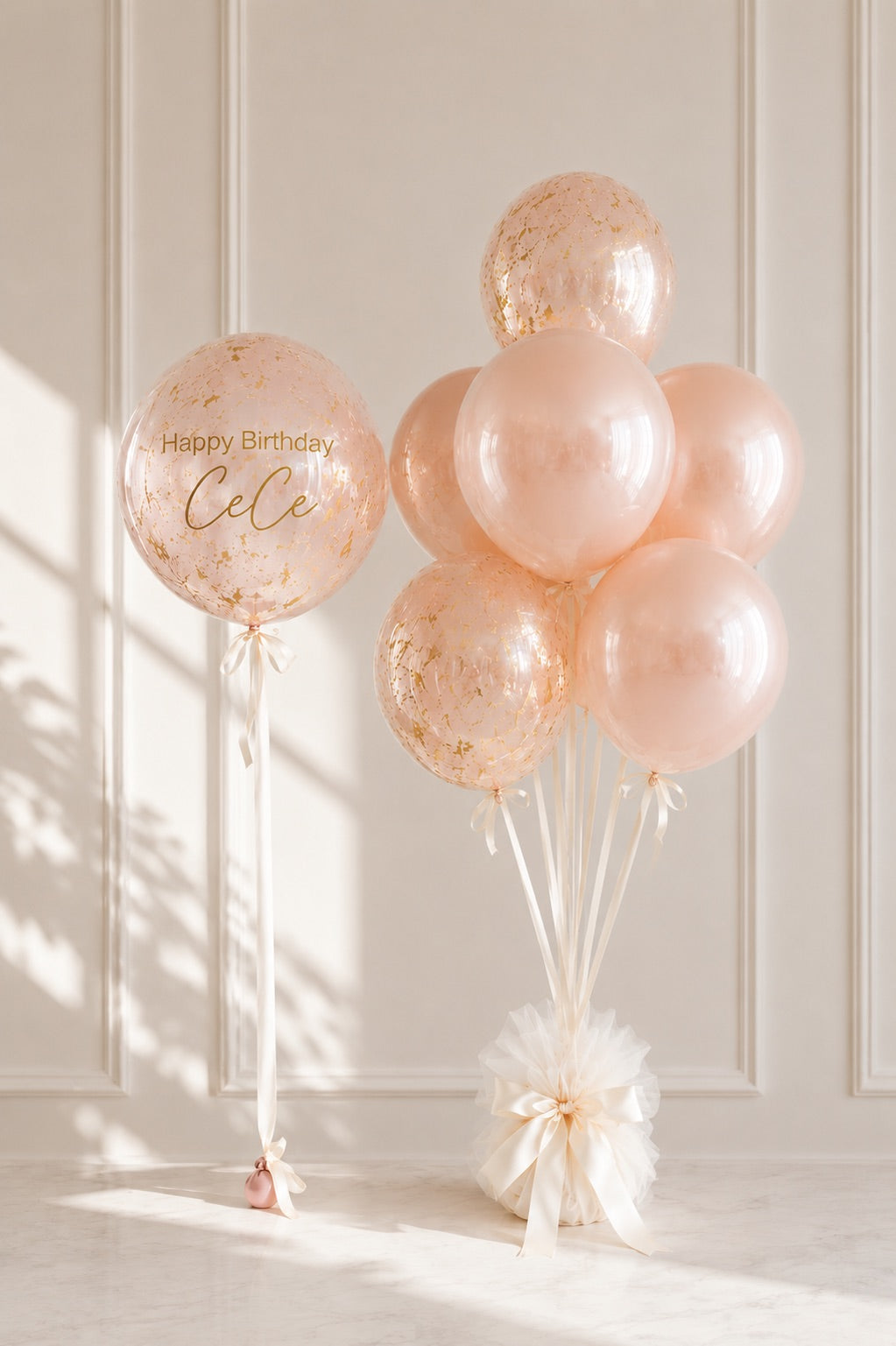 Blush & Borrowed bridal balloon bouquet detail with glass-finish film