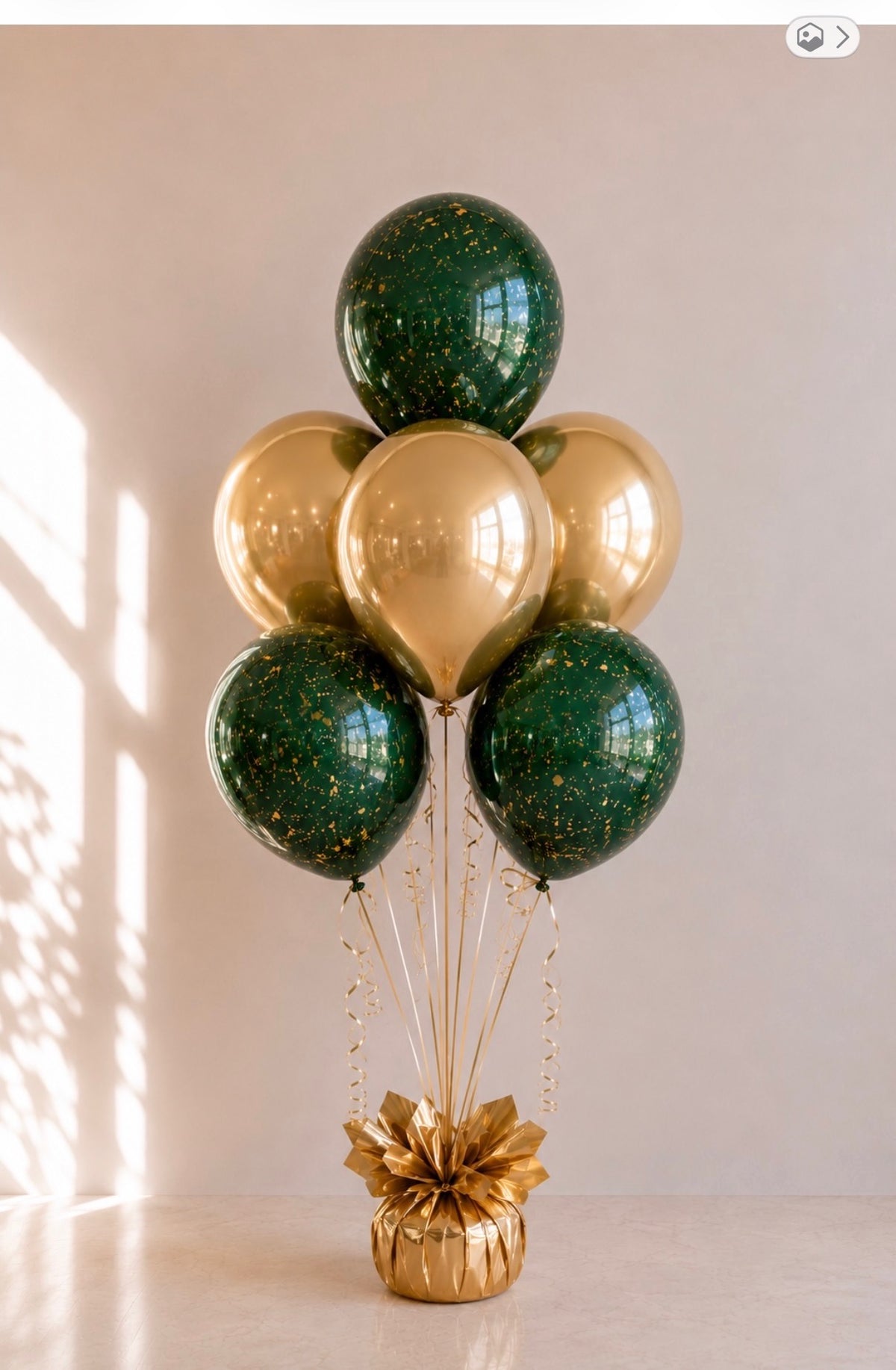 Evergreen & Gold holiday balloon bouquet in deep green and gold — Spokane and Coeur d'Alene