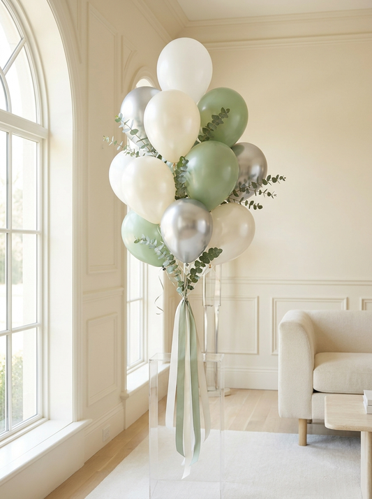 Fresh & Crisp modern balloon bouquet in white, sage, and silver — Spokane balloon delivery