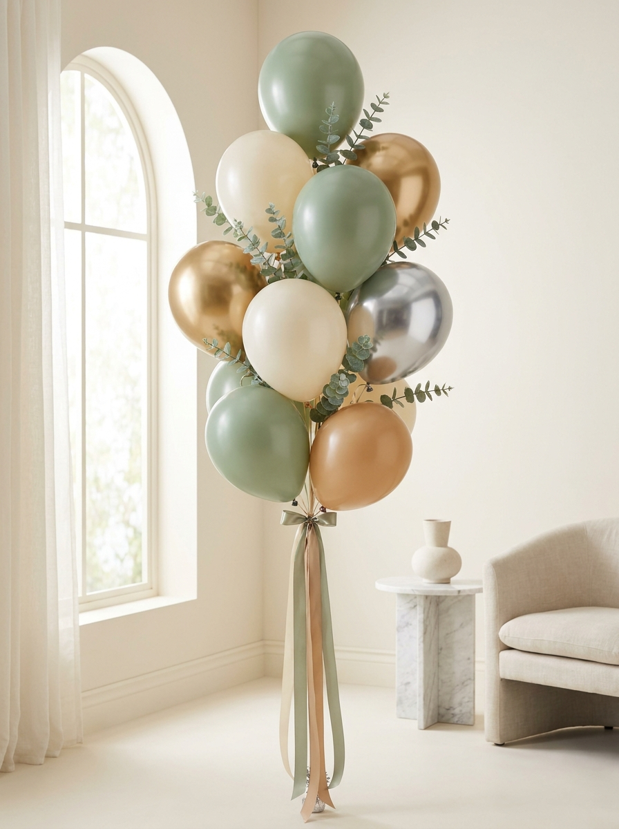 Garden Party birthday balloon bouquet in soft greens and cream — balloon delivery Spokane