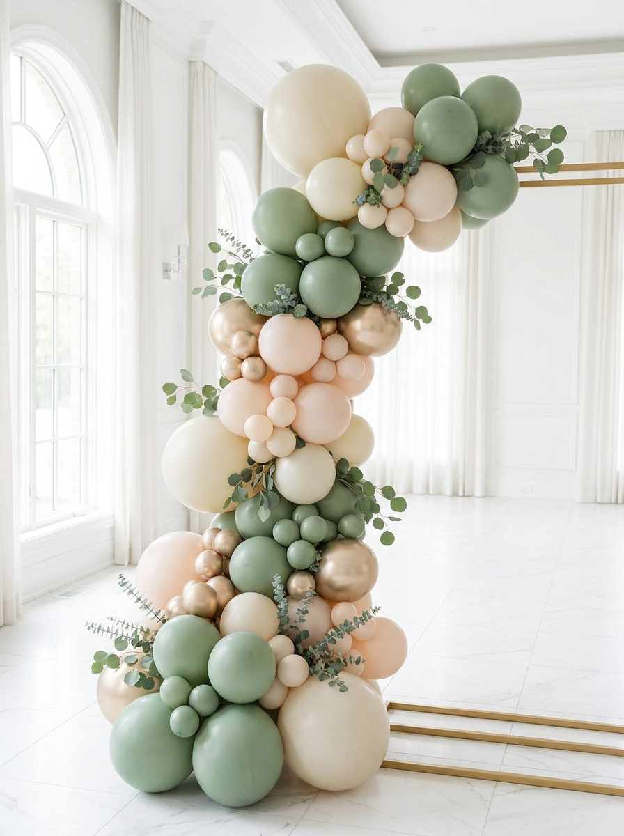 Free-standing balloon garland in sage green, cream, and gold