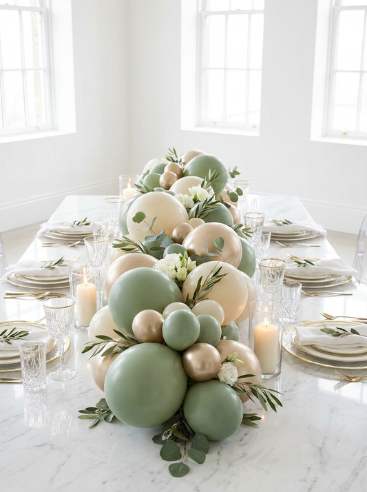 Balloon garland table centerpiece in sage, cream, and gold