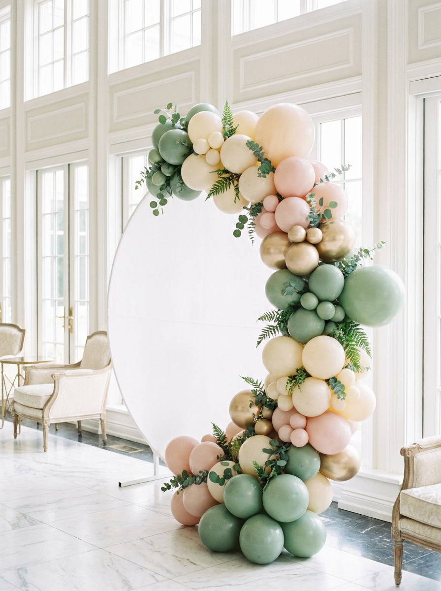 Organic balloon backdrop arch in sage, cream, blush, and gold