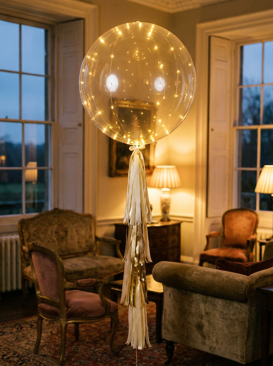 Jumbo clear balloon with warm LED lights and tassel tail