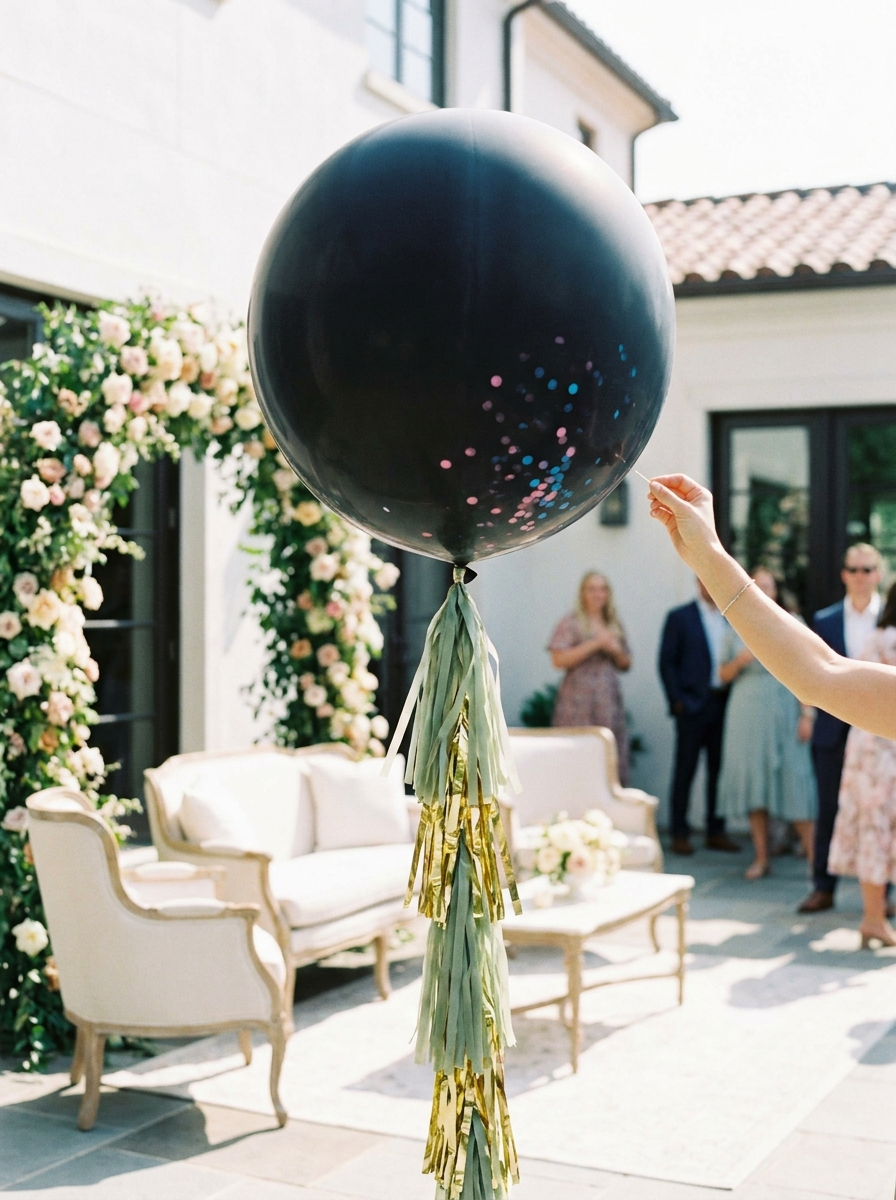 Black gender reveal balloon with confetti and tassels