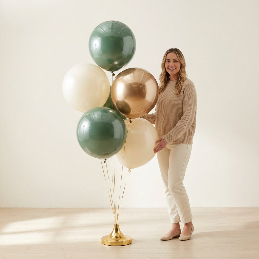 The Spokane luxury glass-finish balloon bouquet in sage, cream, and gold next to a woman for scale — balloon delivery Spokane WA