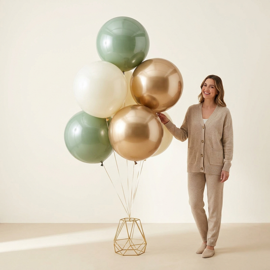 Pine & Prosecco luxury glass-finish balloon bouquet in sage, cream, and gold next to a woman for scale — balloon delivery Spokane