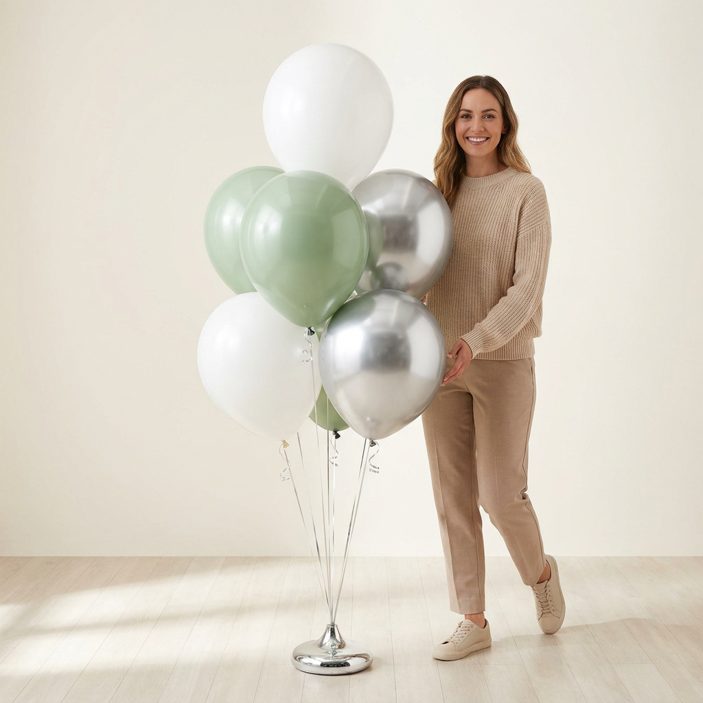 Fresh & Crisp modern balloon bouquet in white, sage, and silver next to a woman for scale — Spokane balloon delivery