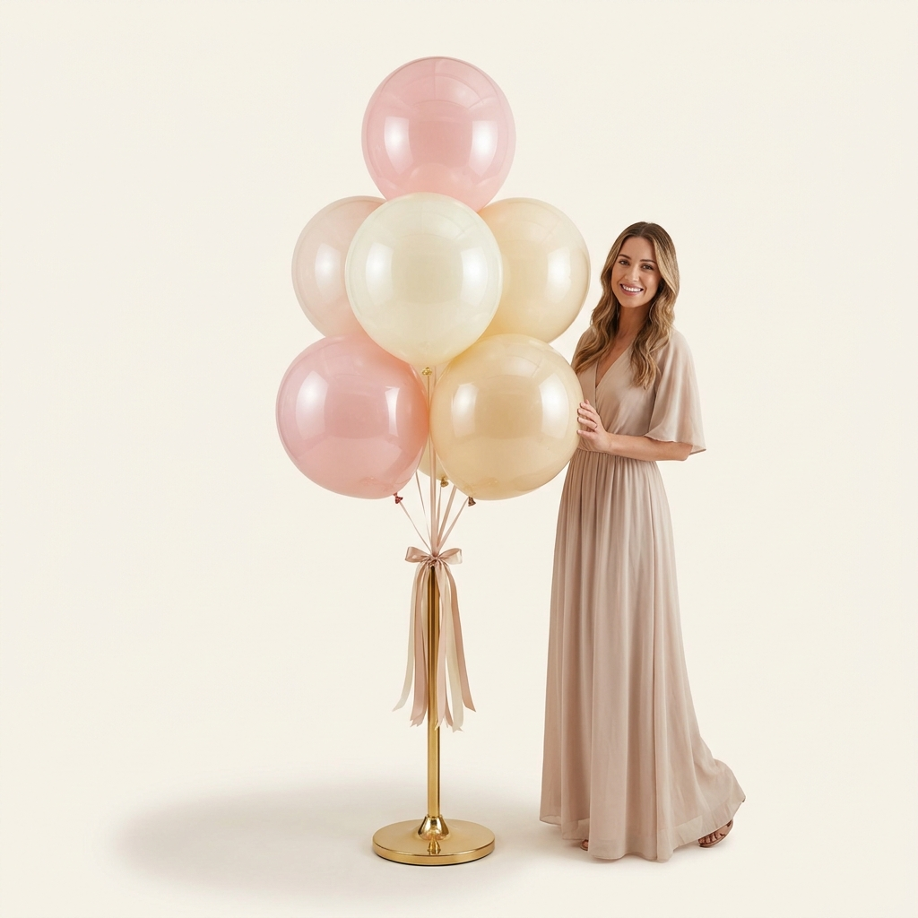 Blush & Borrowed wedding balloon bouquet in blush, ivory, and cream next to a woman for scale — Spokane and Coeur d'Alene