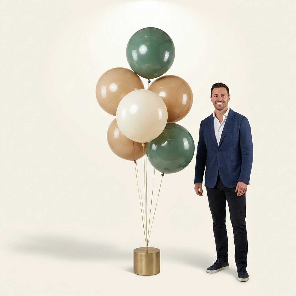 The Boardroom corporate balloon gift bouquet in sage, tan, and cream next to a man for scale — Spokane corporate gifting