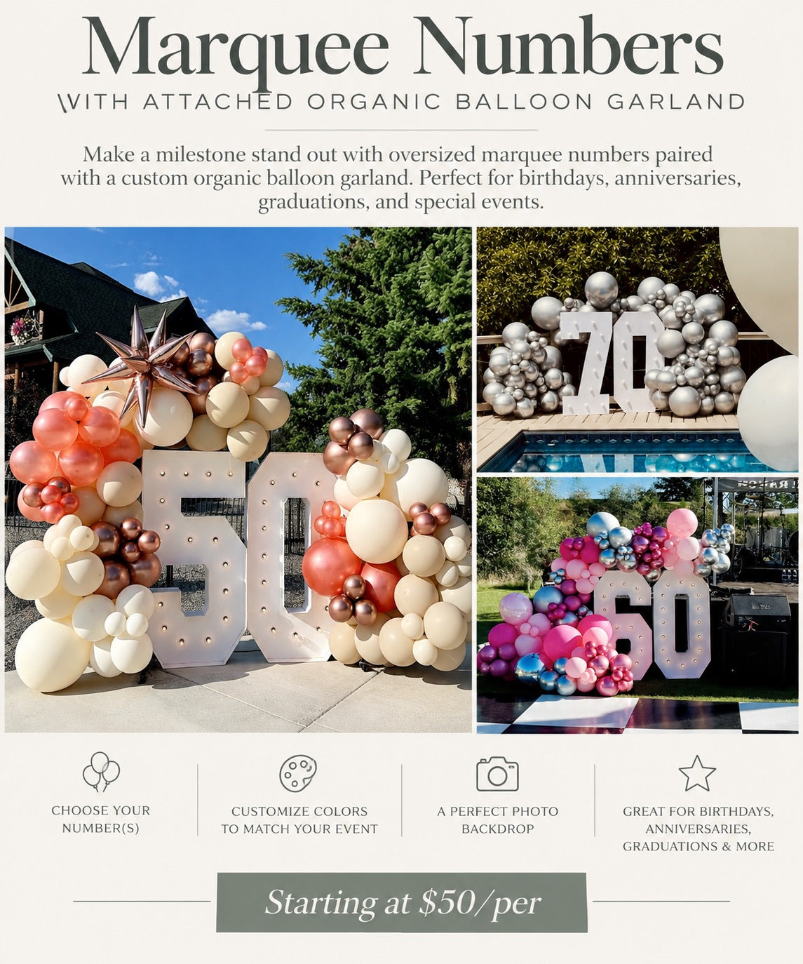 Marquee numbers with organic balloon garland, starting at $50
