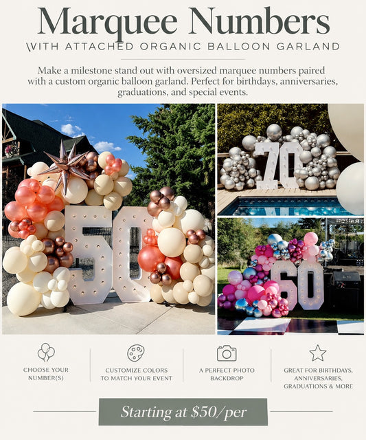 Marquee numbers with organic balloon garland, starting at $50