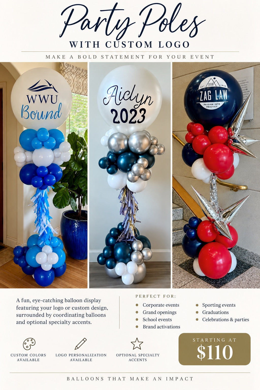 Party poles with custom logo, starting at $110