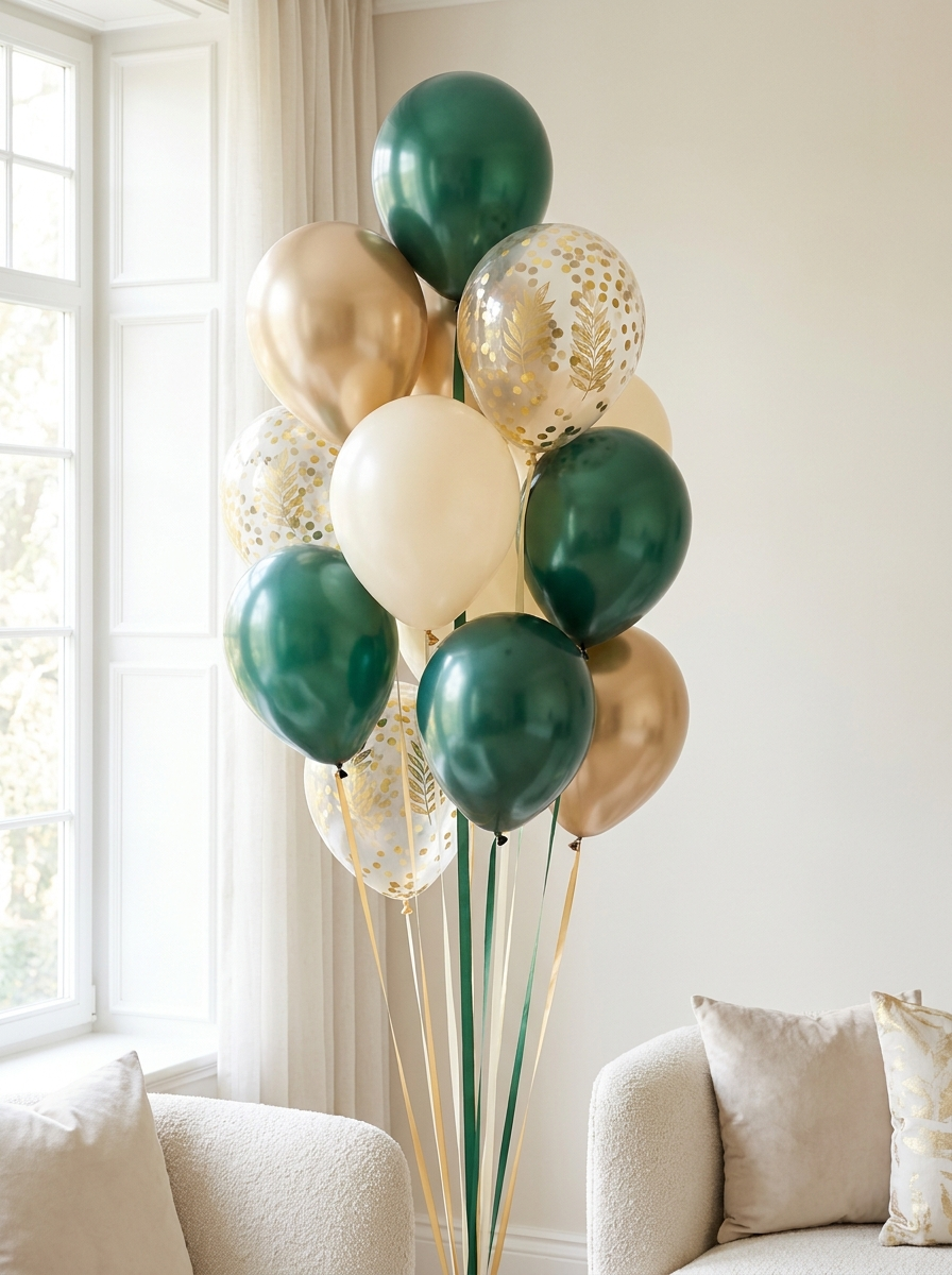 Pine & Prosecco luxury balloon bouquet in sage, cream, and gold — balloon delivery Spokane
