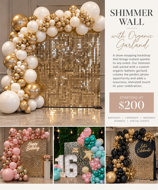 Shimmer wall with organic balloon garland, starting at $200